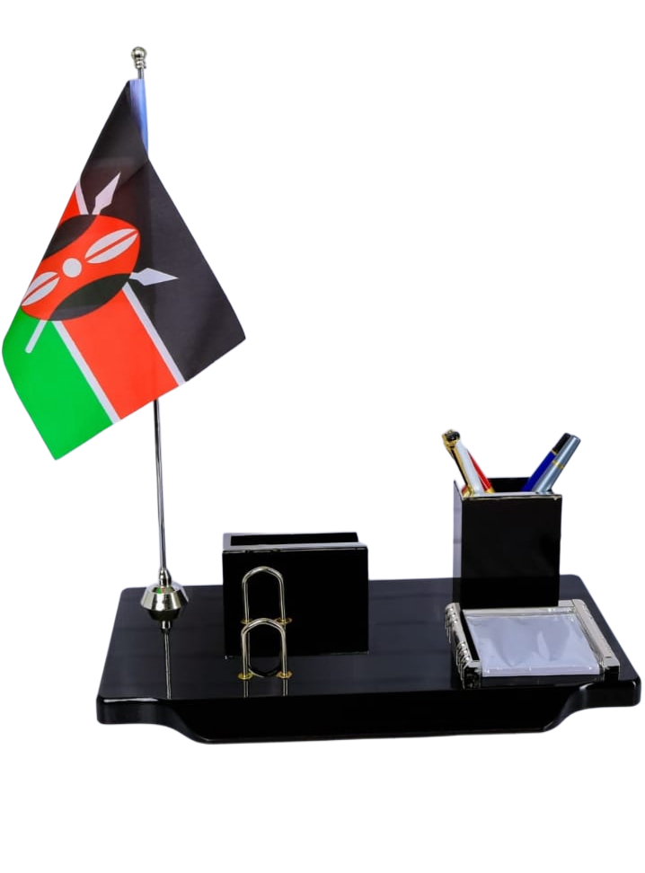 Executive Black High-Gloss Desk Organizer Set with Kenyan Flag Stand