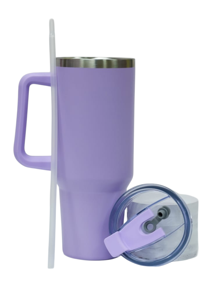 Vibrant Lavender Purple 40oz Insulated Travel Tumbler with Handle, Straw, and Spill-Proof Lid