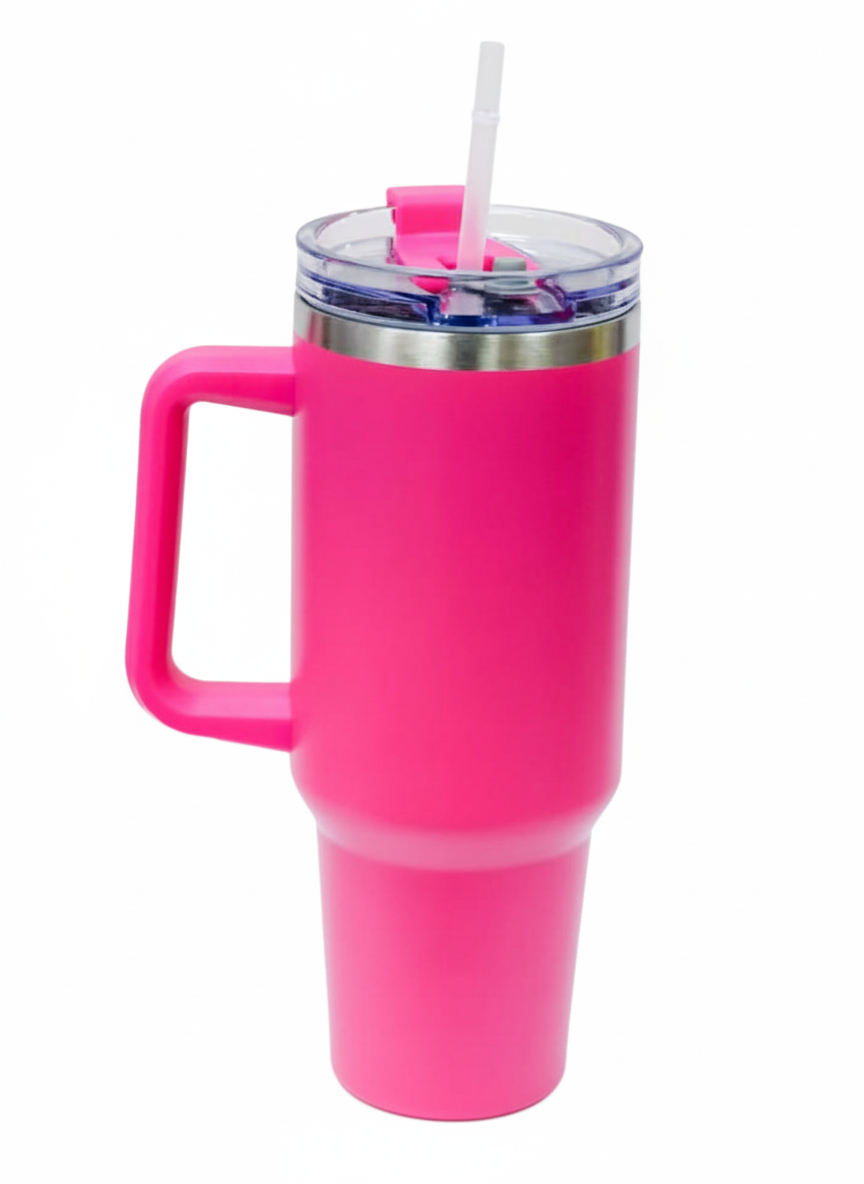 Vibrant Pink 40oz Insulated Travel Tumbler with Handle, Straw, and Spill-Proof Lid