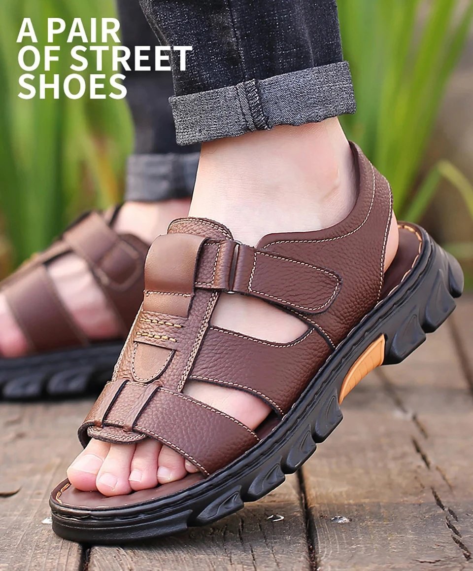 Italian Style Open shoes Outdoor Ergonomic Non-slip Thick-soled Cowhide Leather Men Sandals