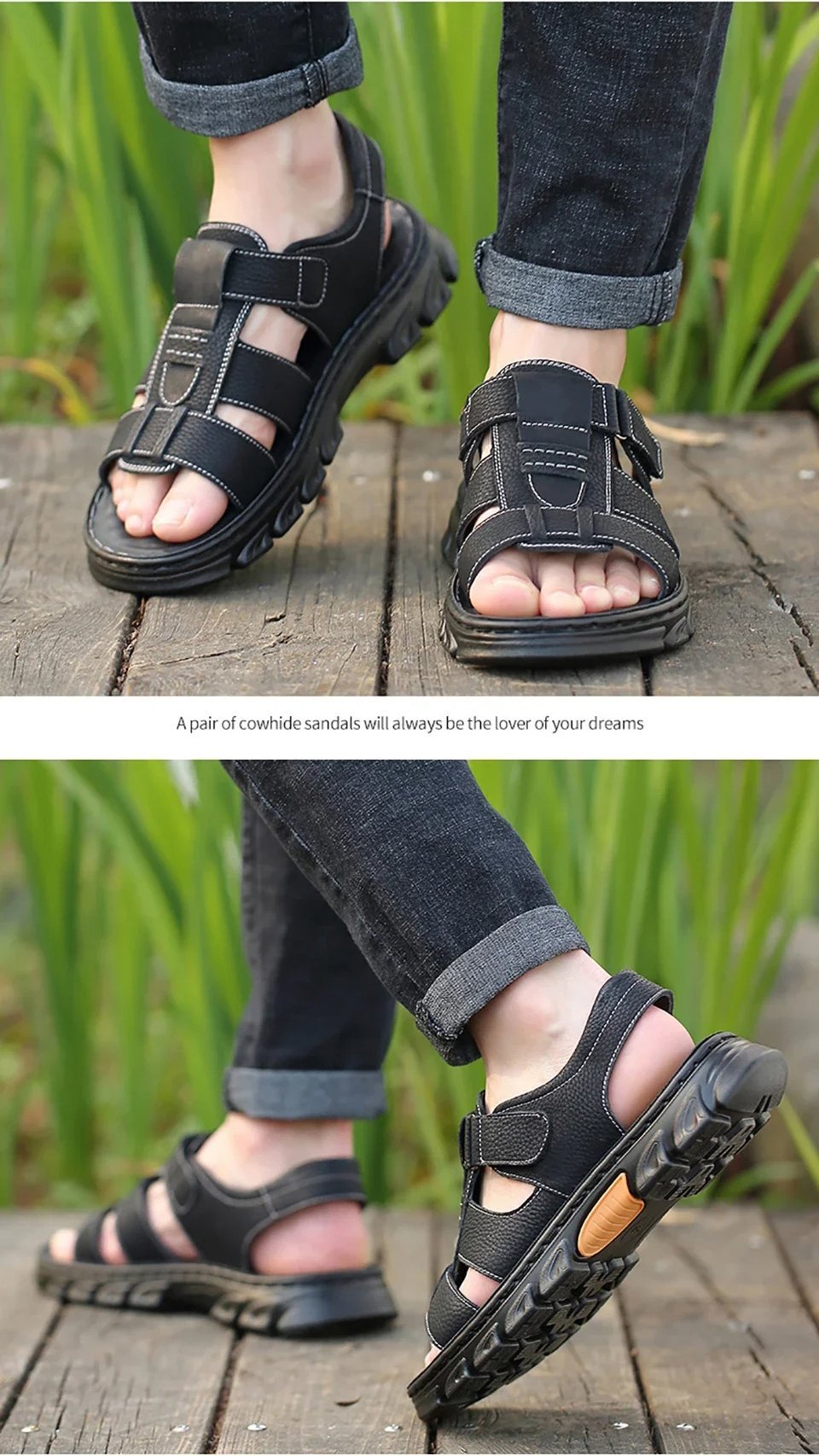 Italian Style Open shoes Outdoor Ergonomic Non-slip Thick-soled Cowhide Leather Men Sandals - Image 14